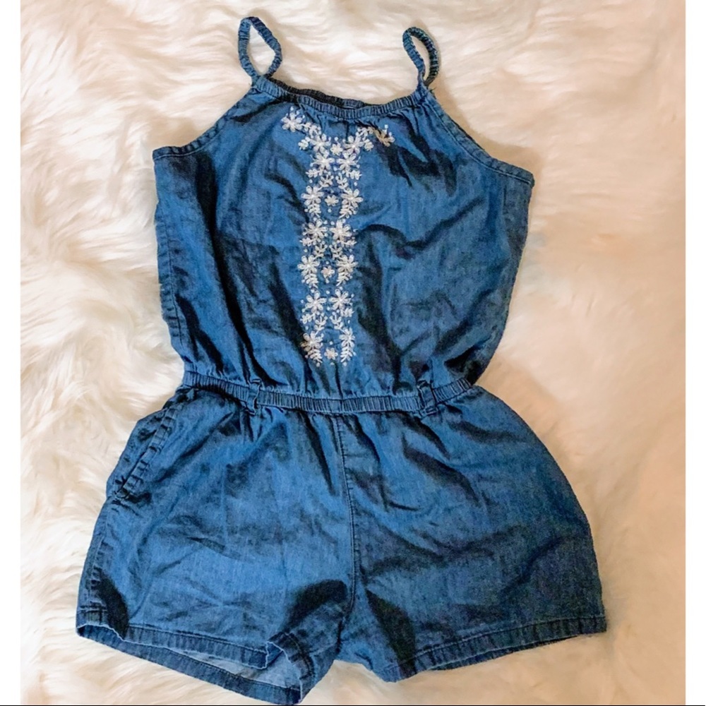 Embroidered Denim Romper